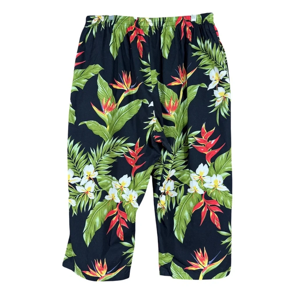 Bishop St Hawaiian Tropical Print Capris Pants Elastic Waist Cotton 3X